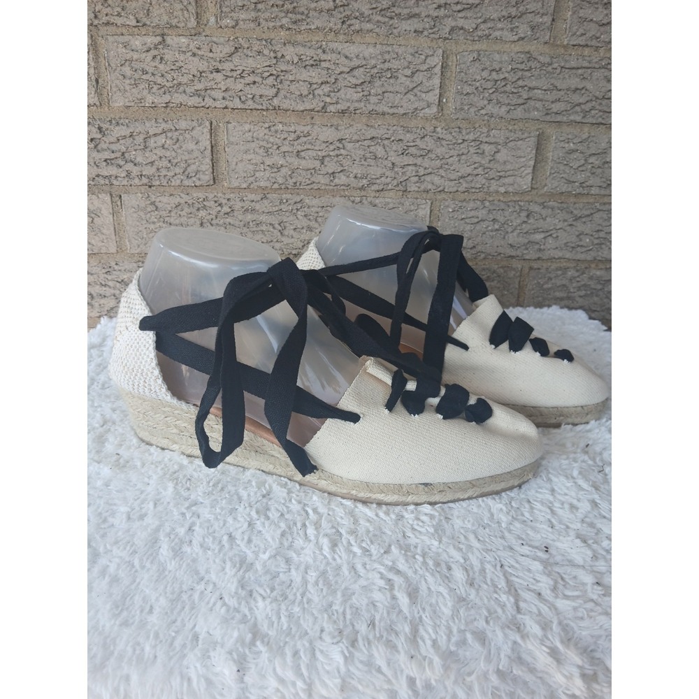 Picon Anthropologie Canvas Wedge Espadrille Sandals Ankle Ties Sz 41 Beachy